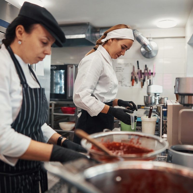 Chef and sous-chef performing great team work in the kitchen